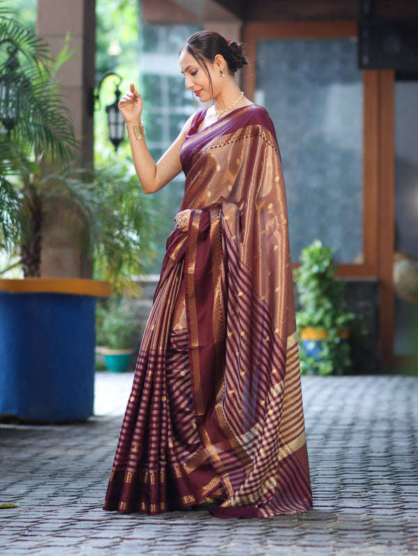 Banarasee Handwoven Semi Silk Saree With Zari Buti Design & Stripe Pattern-Burgundy