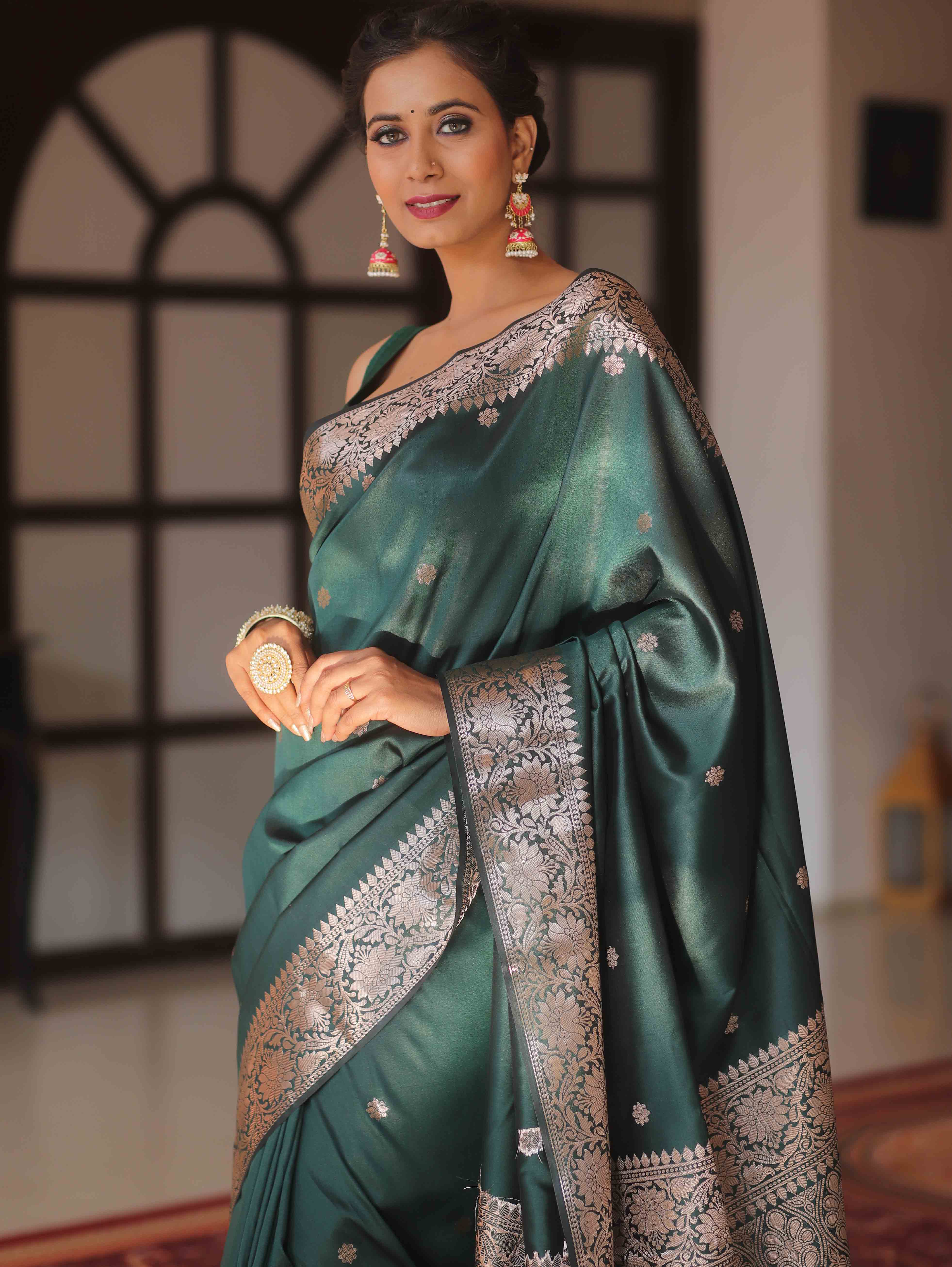 Banarasee Handwoven Semi Silk Saree With Copper Zari Buti Design-Green