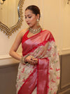 Banarasee Handloom Georgette Saree With Silver Zari Work & Contrast Border-Cream & Red