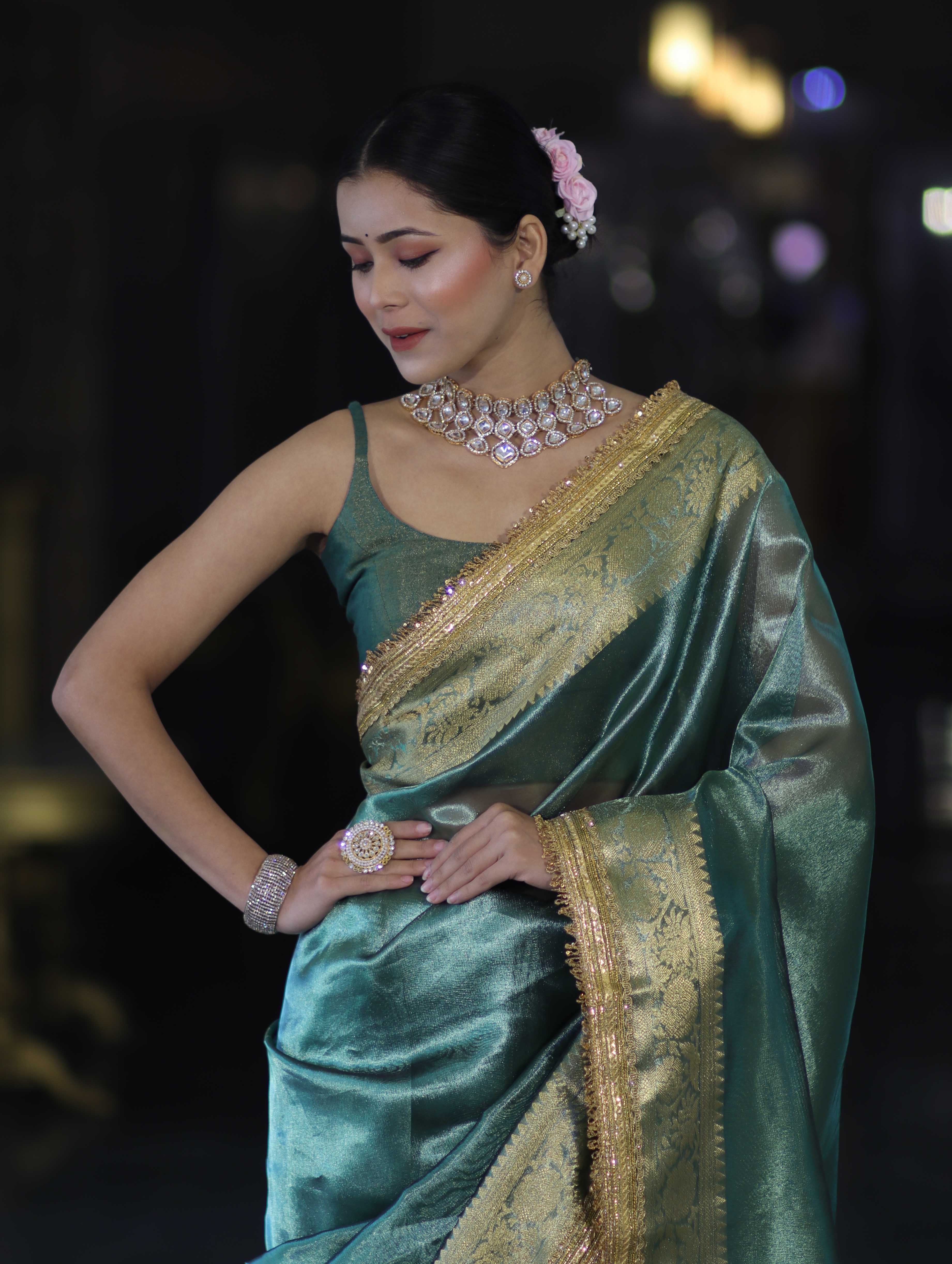 Banarasee Handloom Plain Tissue Saree With Zari Border & Lace-Bottle Green