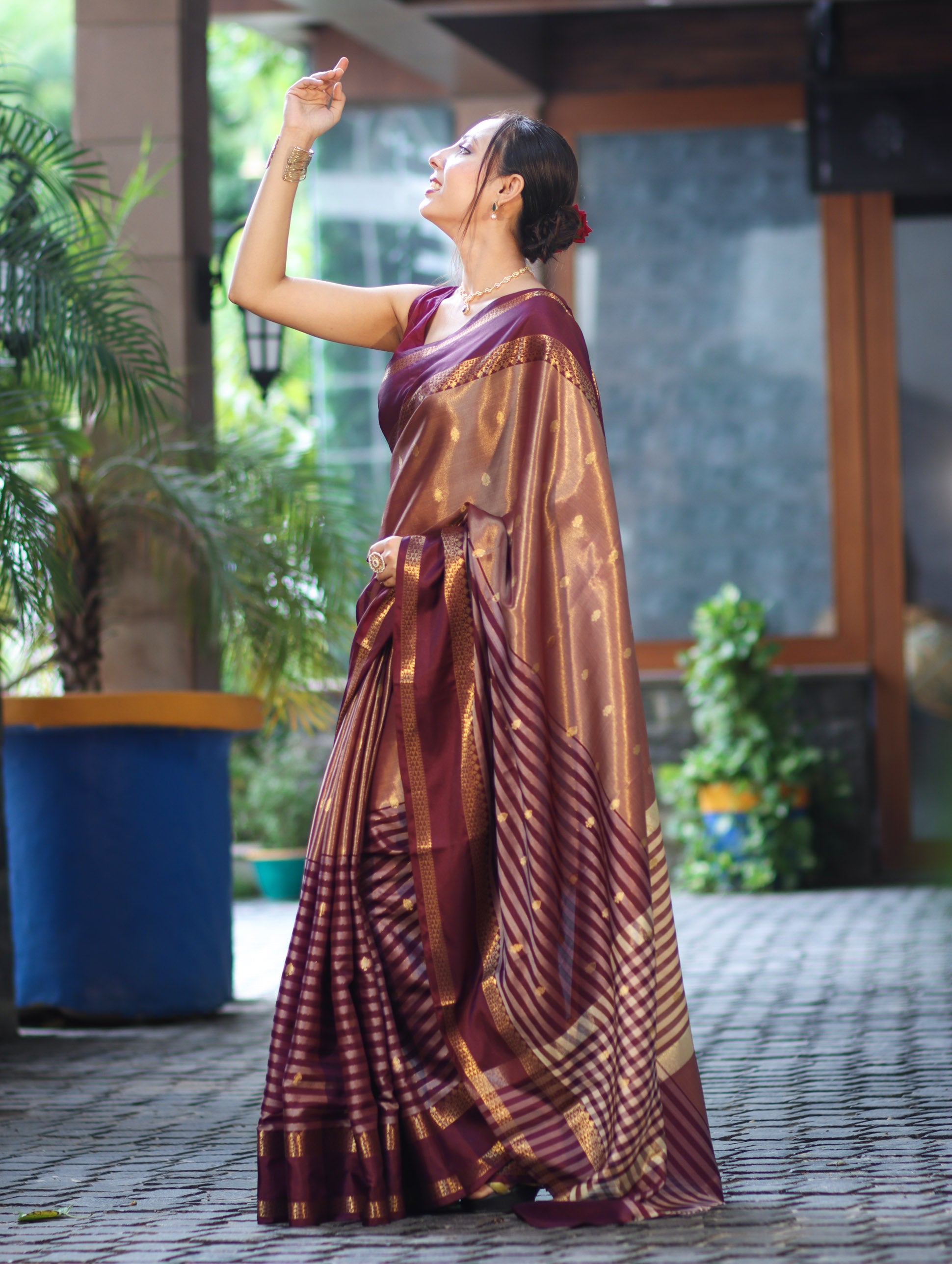 Banarasee Handwoven Semi Silk Saree With Zari Buti Design & Stripe Pattern-Burgundy