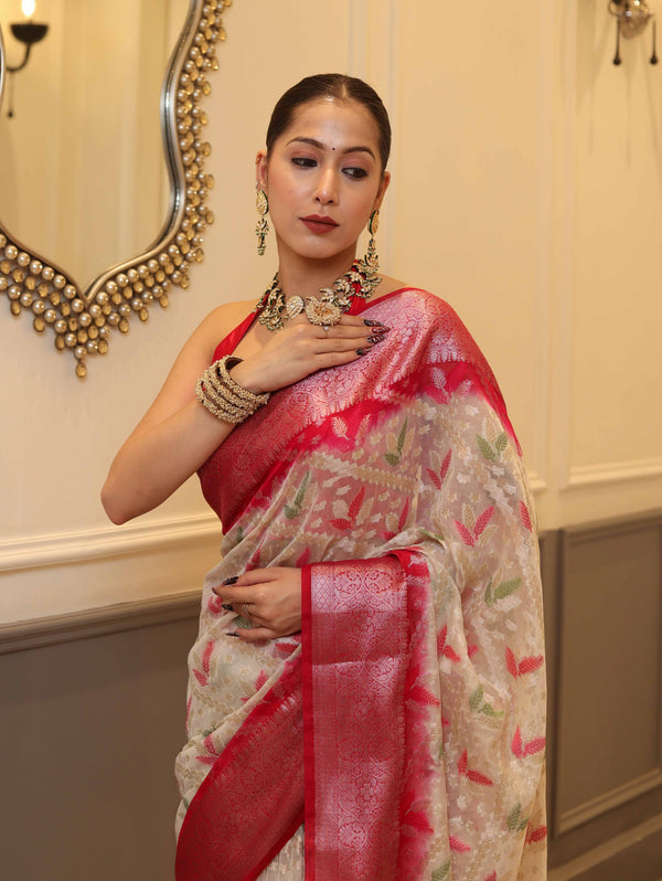 Banarasee Handloom Georgette Saree With Silver Zari Work & Contrast Border-Cream & Red