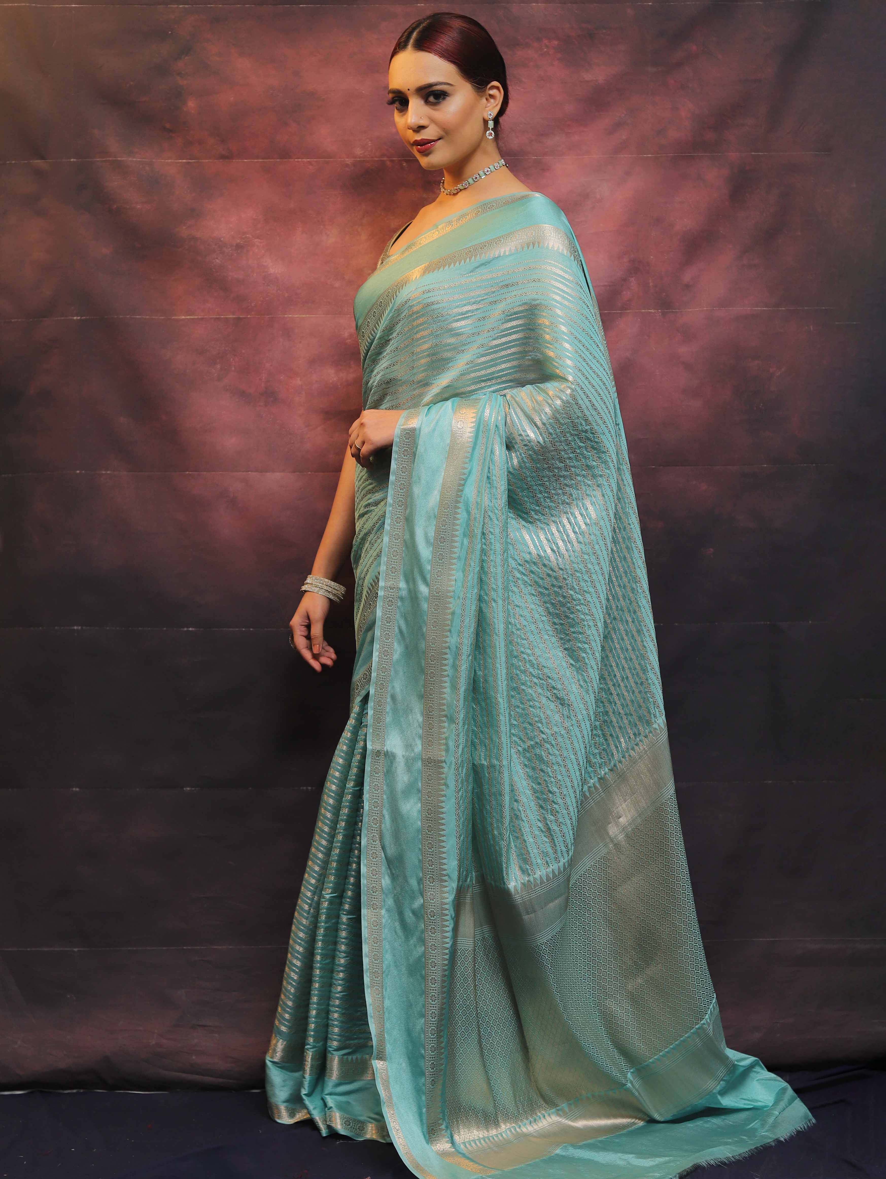 Banarasee Handwoven Semi Silk Saree With Stripes Design & Solid Border-Blue