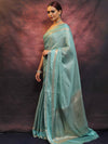 Banarasee Handwoven Semi Silk Saree With Stripes Design & Solid Border-Blue