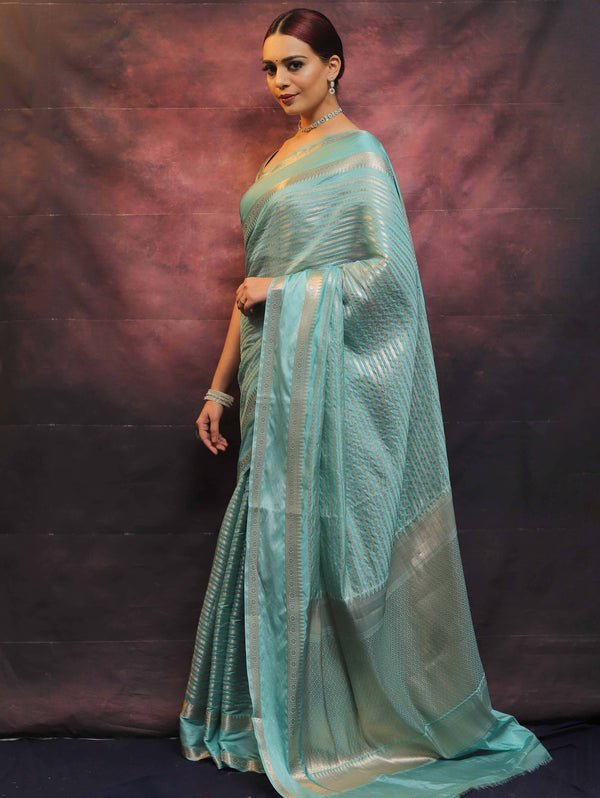 Banarasee Handwoven Semi Silk Saree With Stripes Design & Solid Border-Blue