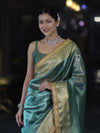 Banarasee Handloom Plain Tissue Saree With Zari Border & Lace-Bottle Green
