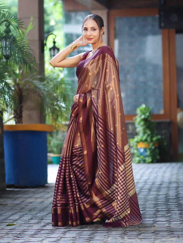 Banarasee Handwoven Semi Silk Saree With Zari Buti Design & Stripe Pattern-Burgundy