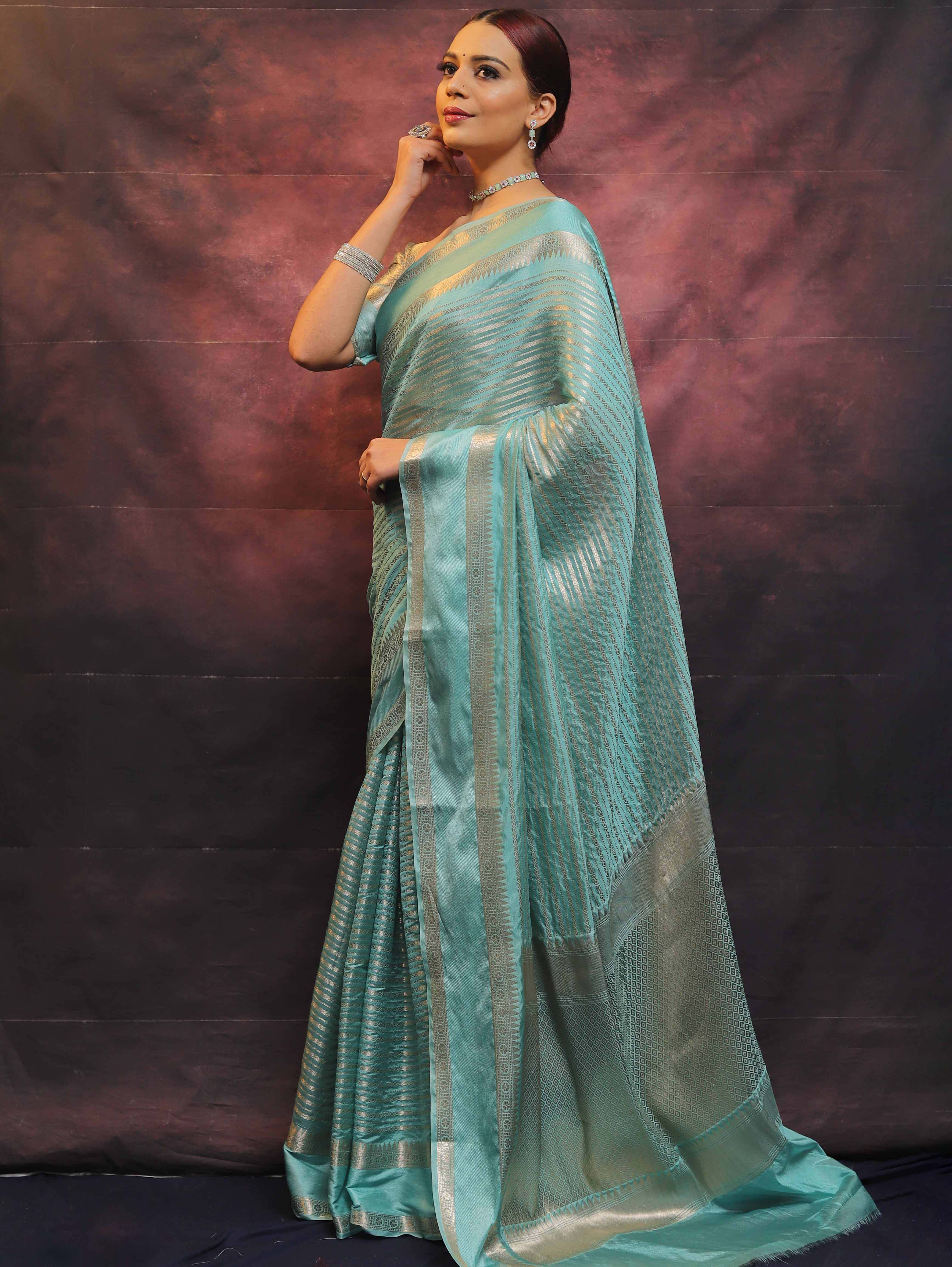 Banarasee Handwoven Semi Silk Saree With Stripes Design & Solid Border-Blue