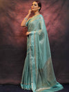 Banarasee Handwoven Semi Silk Saree With Stripes Design & Solid Border-Blue