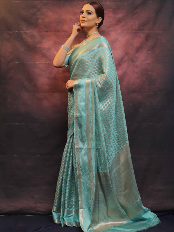 Banarasee Handwoven Semi Silk Saree With Stripes Design & Solid Border-Blue