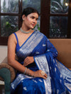 Banarasee Semi Chiffon Saree With Silver Zari Buta Design & Floral Border-Cobalt Blue
