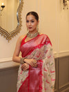 Banarasee Handloom Georgette Saree With Silver Zari Work & Contrast Border-Cream & Red