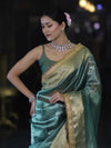 Banarasee Handloom Plain Tissue Saree With Zari Border & Lace-Bottle Green