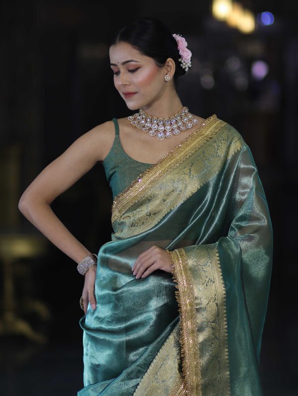 Banarasee Handloom Plain Tissue Saree With Zari Border & Lace-Bottle Green