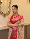 Banarasee Handloom Georgette Saree With Silver Zari Work & Contrast Border-Cream & Red