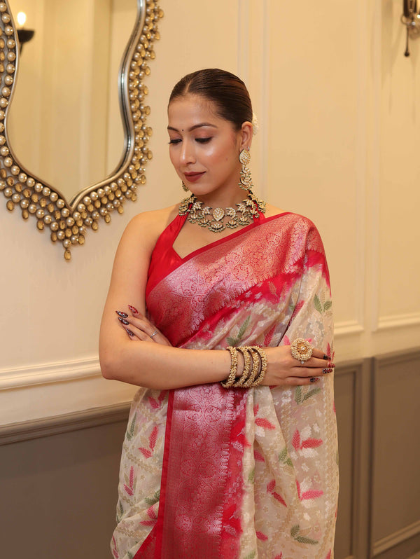 Banarasee Handloom Georgette Saree With Silver Zari Work & Contrast Border-Cream & Red