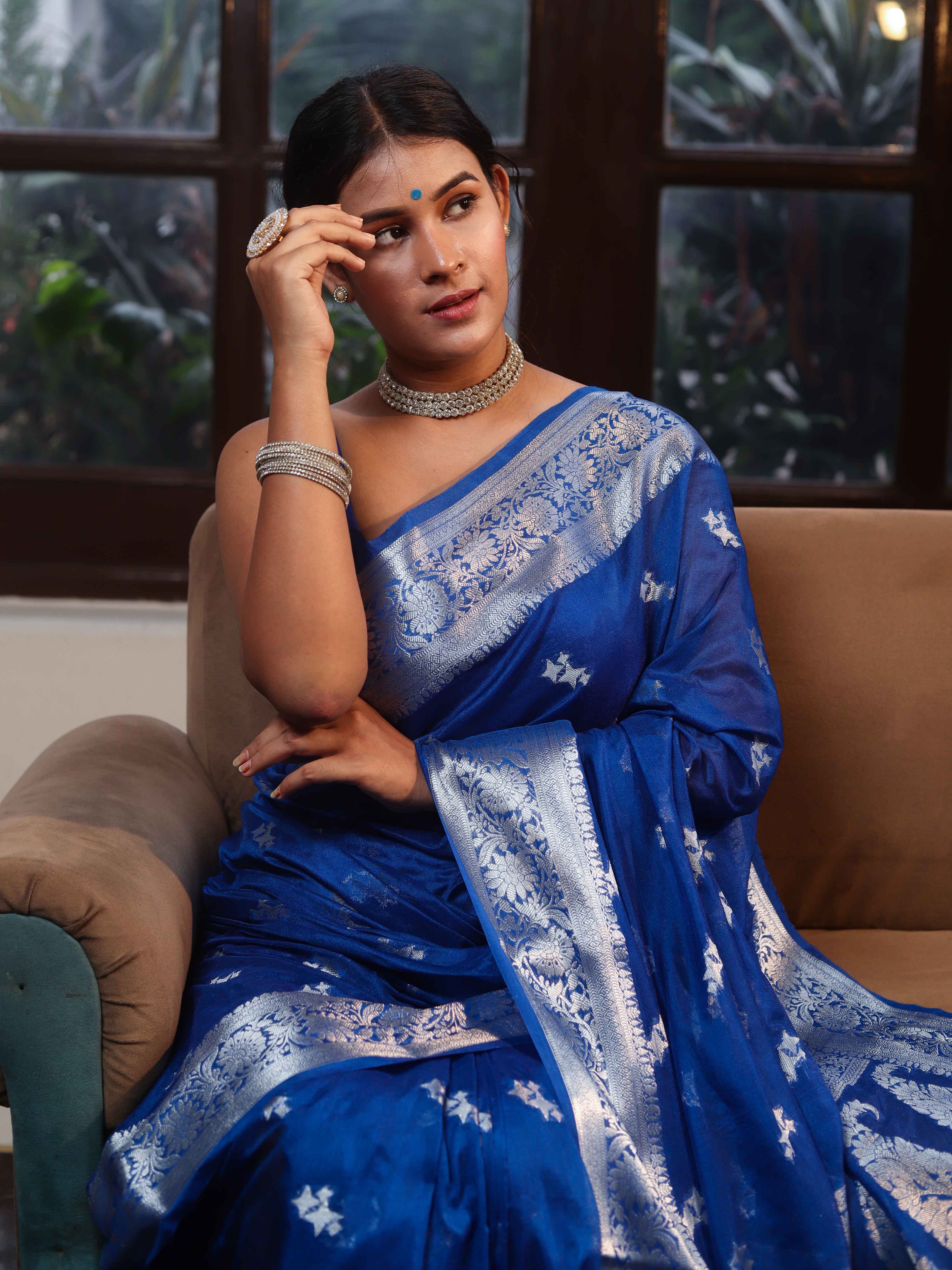Banarasee Semi Chiffon Saree With Silver Zari Buta Design & Floral Border-Cobalt Blue