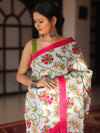 Handloom Mul Cotton Hand-Block Print Saree-White