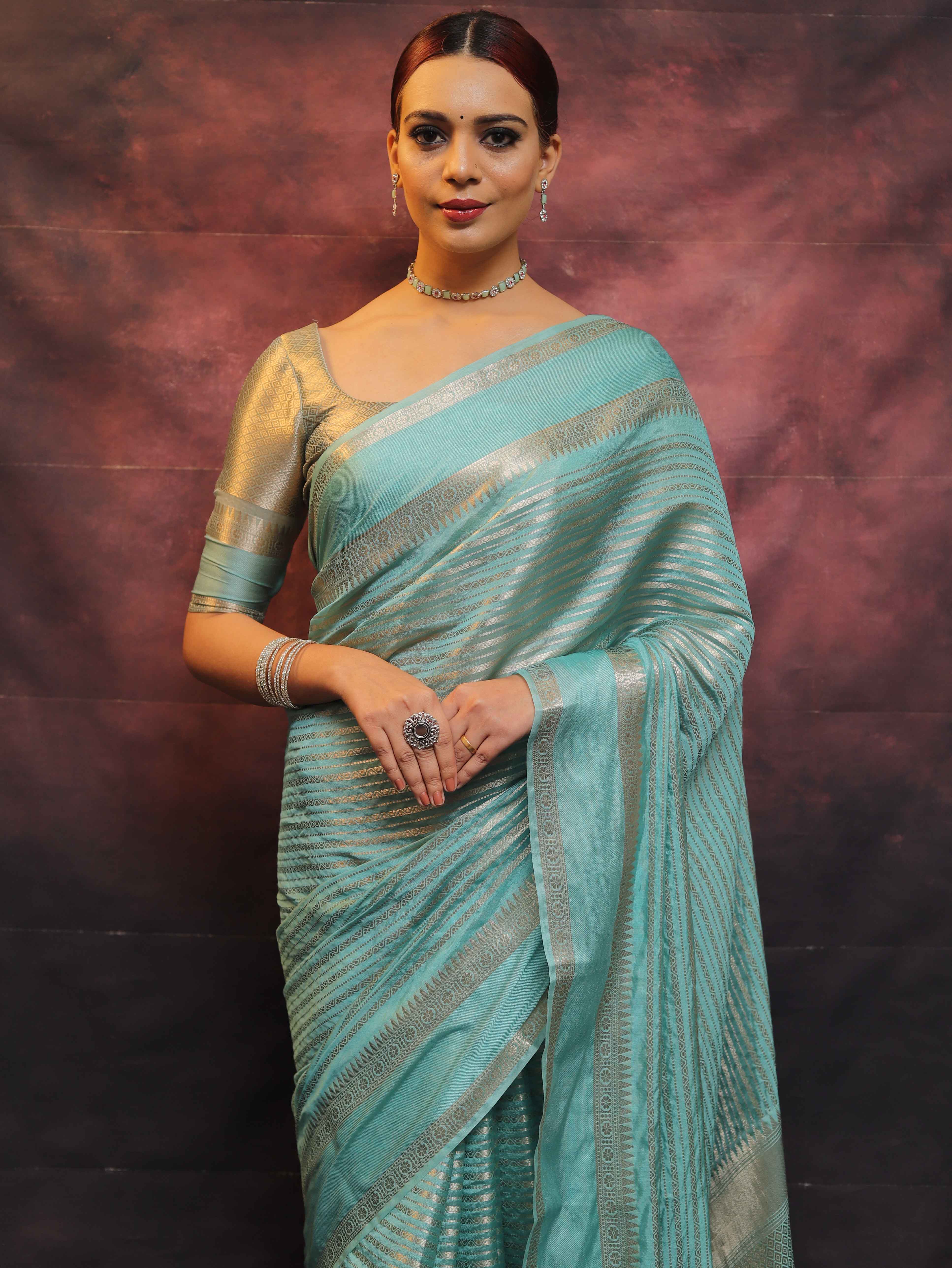 Banarasee Handwoven Semi Silk Saree With Stripes Design & Solid Border-Blue