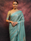 Banarasee Handwoven Semi Silk Saree With Stripes Design & Solid Border-Blue
