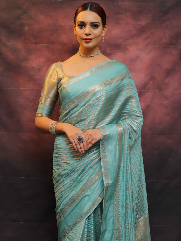 Banarasee Handwoven Semi Silk Saree With Stripes Design & Solid Border-Blue