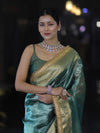 Banarasee Handloom Plain Tissue Saree With Zari Border & Lace-Bottle Green