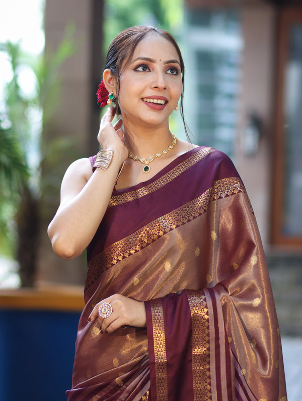 Banarasee Handwoven Semi Silk Saree With Zari Buti Design & Stripe Pattern-Burgundy