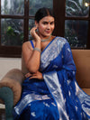 Banarasee Semi Chiffon Saree With Silver Zari Buta Design & Floral Border-Cobalt Blue