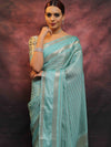 Banarasee Handwoven Semi Silk Saree With Stripes Design & Solid Border-Blue