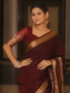 Banarasee Handwoven Semi Silk Plain Saree With Zari Border-Brown