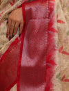 Banarasee Handloom Georgette Saree With Silver Zari Work & Contrast Border-Cream & Red