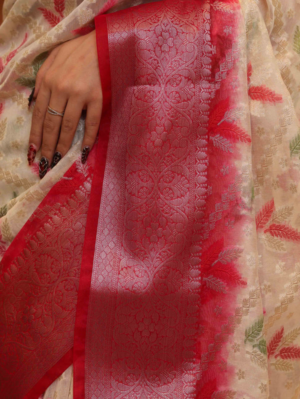 Banarasee Handloom Georgette Saree With Silver Zari Work & Contrast Border-Cream & Red