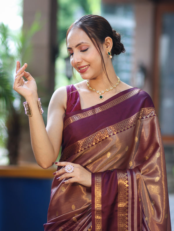 Banarasee Handwoven Semi Silk Saree With Zari Buti Design & Stripe Pattern-Burgundy