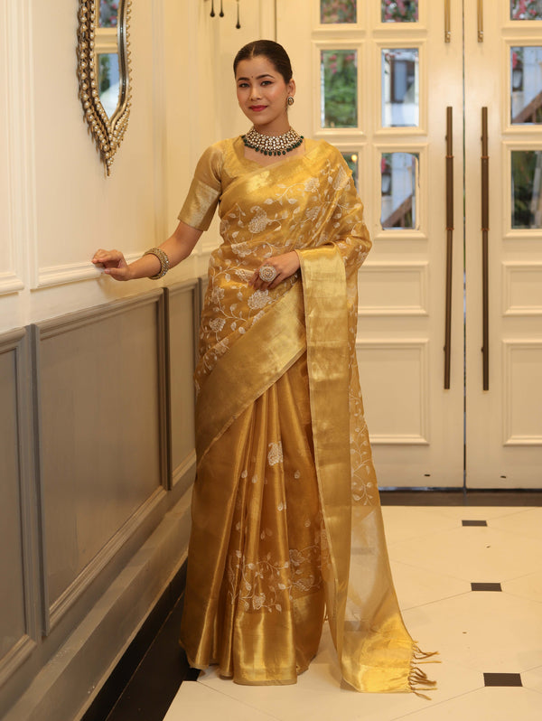 Banarasee Handwoven Tissue Saree With Zari & Thread Work-Gold