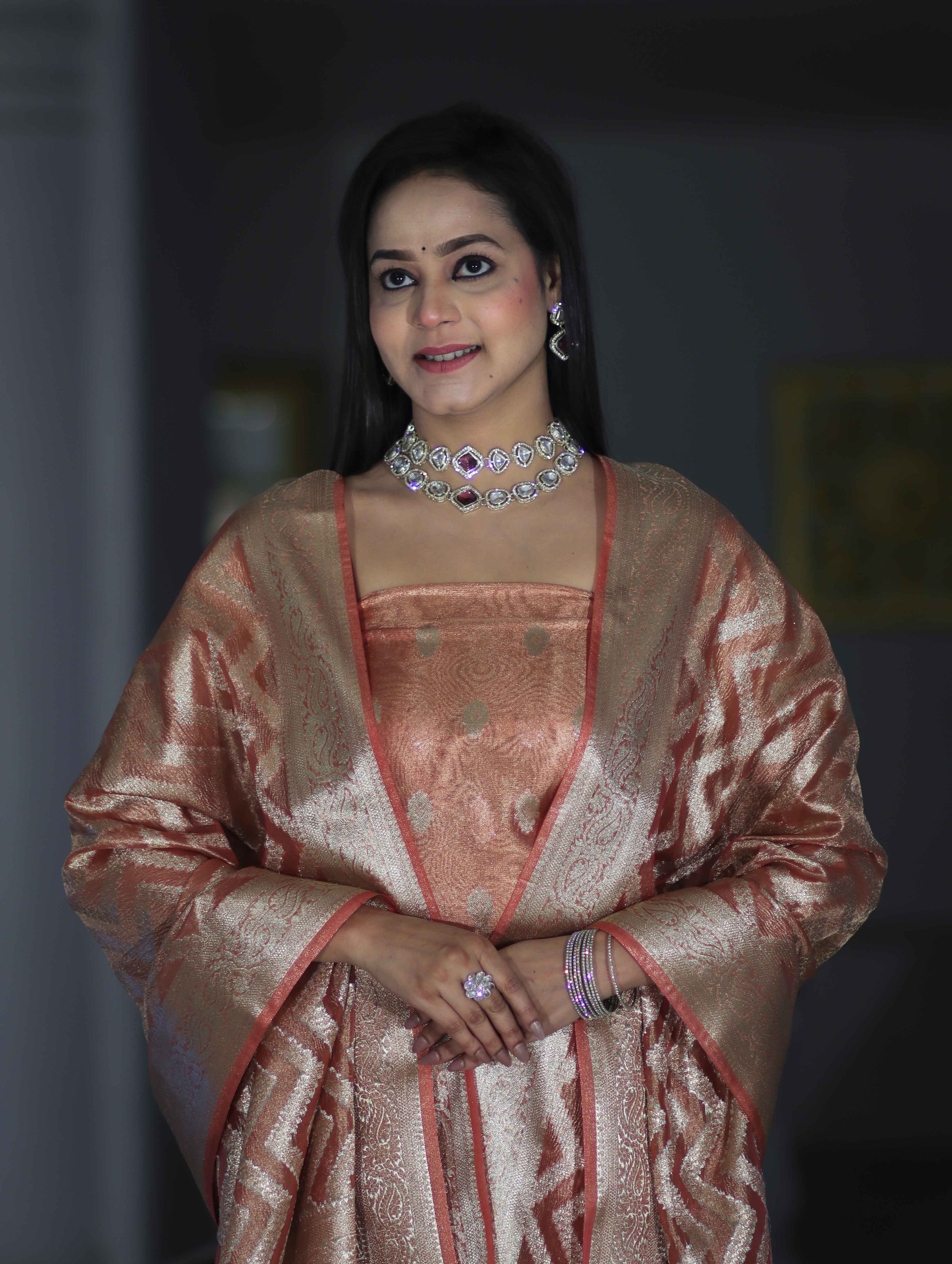 Banarasee Tissue Zari Work Salwar Kameez Fabric With Dupatta Set-Peach