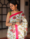 Handloom Mul Cotton Hand-Block Print Saree-White