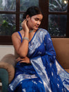 Banarasee Semi Chiffon Saree With Silver Zari Buta Design & Floral Border-Cobalt Blue
