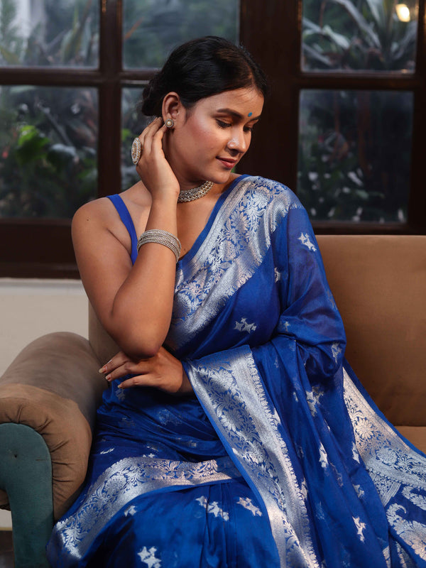 Banarasee Cotton Silk Saree With Silver Zari Buta Design & Floral Border-Cobalt Blue