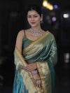 Banarasee Handloom Plain Tissue Saree With Zari Border & Lace-Bottle Green