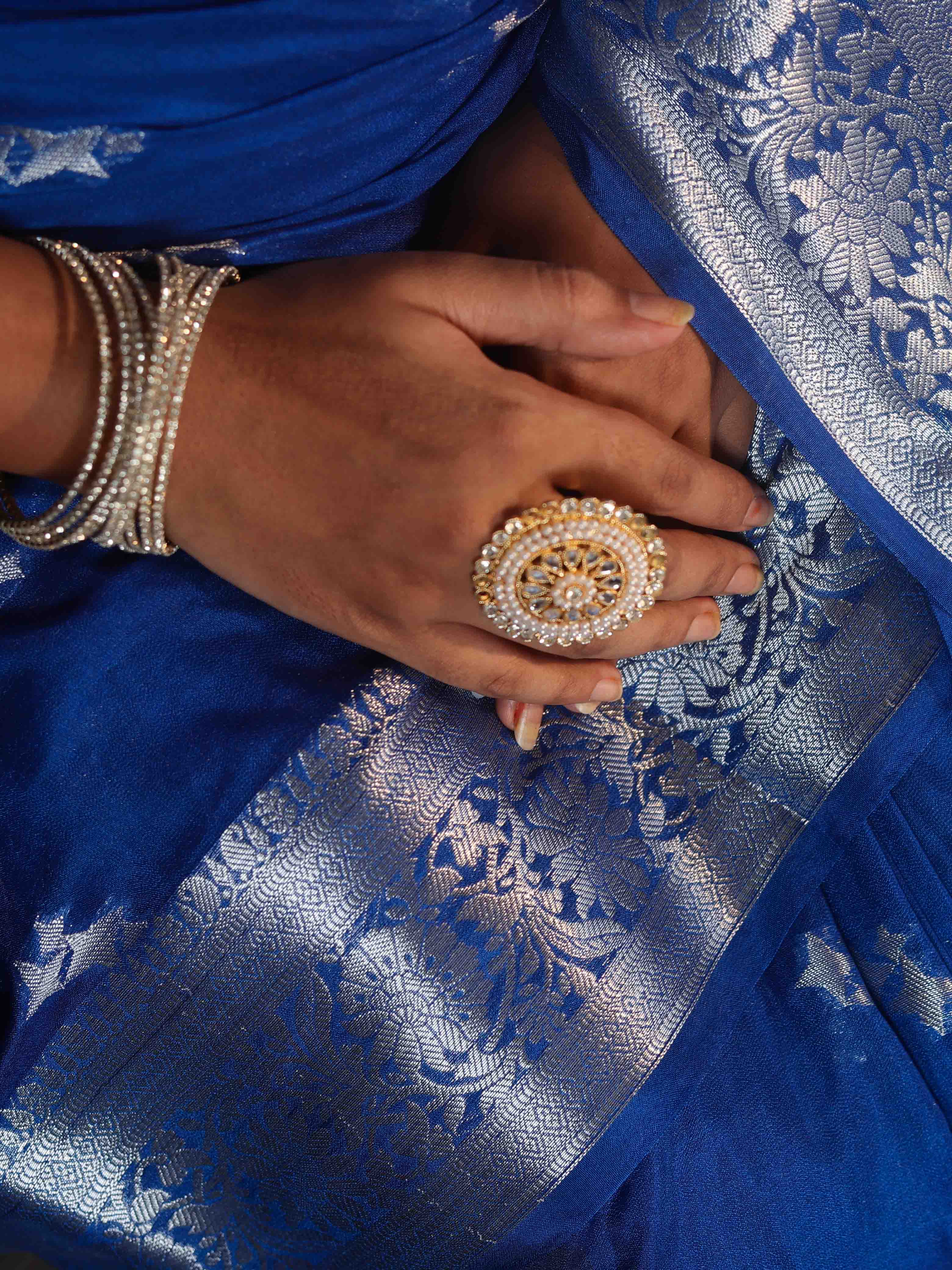Banarasee Semi Chiffon Saree With Silver Zari Buta Design & Floral Border-Cobalt Blue