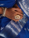 Banarasee Semi Chiffon Saree With Silver Zari Buta Design & Floral Border-Cobalt Blue