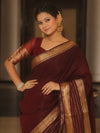 Banarasee Handwoven Semi Silk Plain Saree With Zari Border-Brown