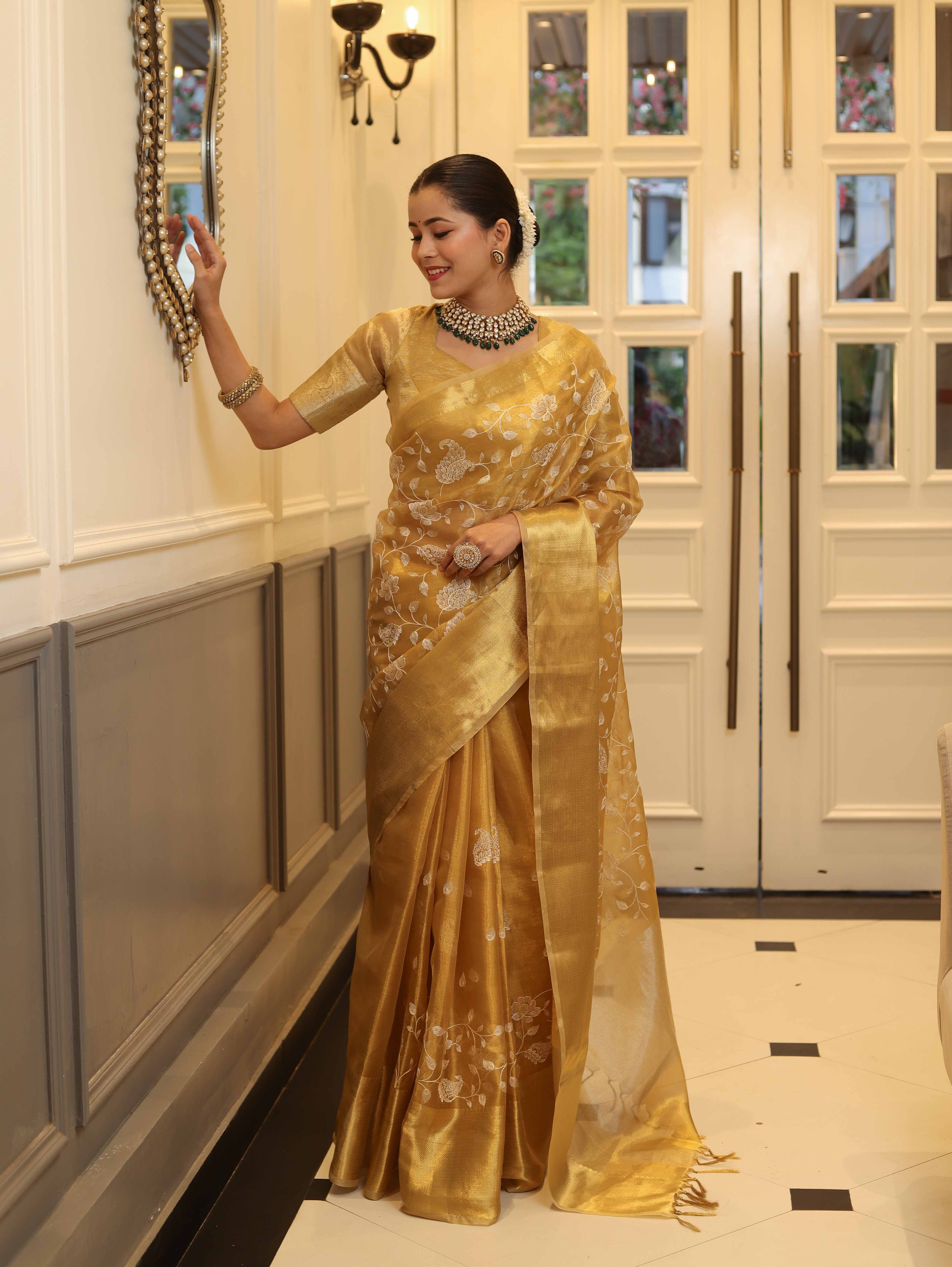 Banarasee Handwoven Tissue Saree With Zari & Thread Work-Gold