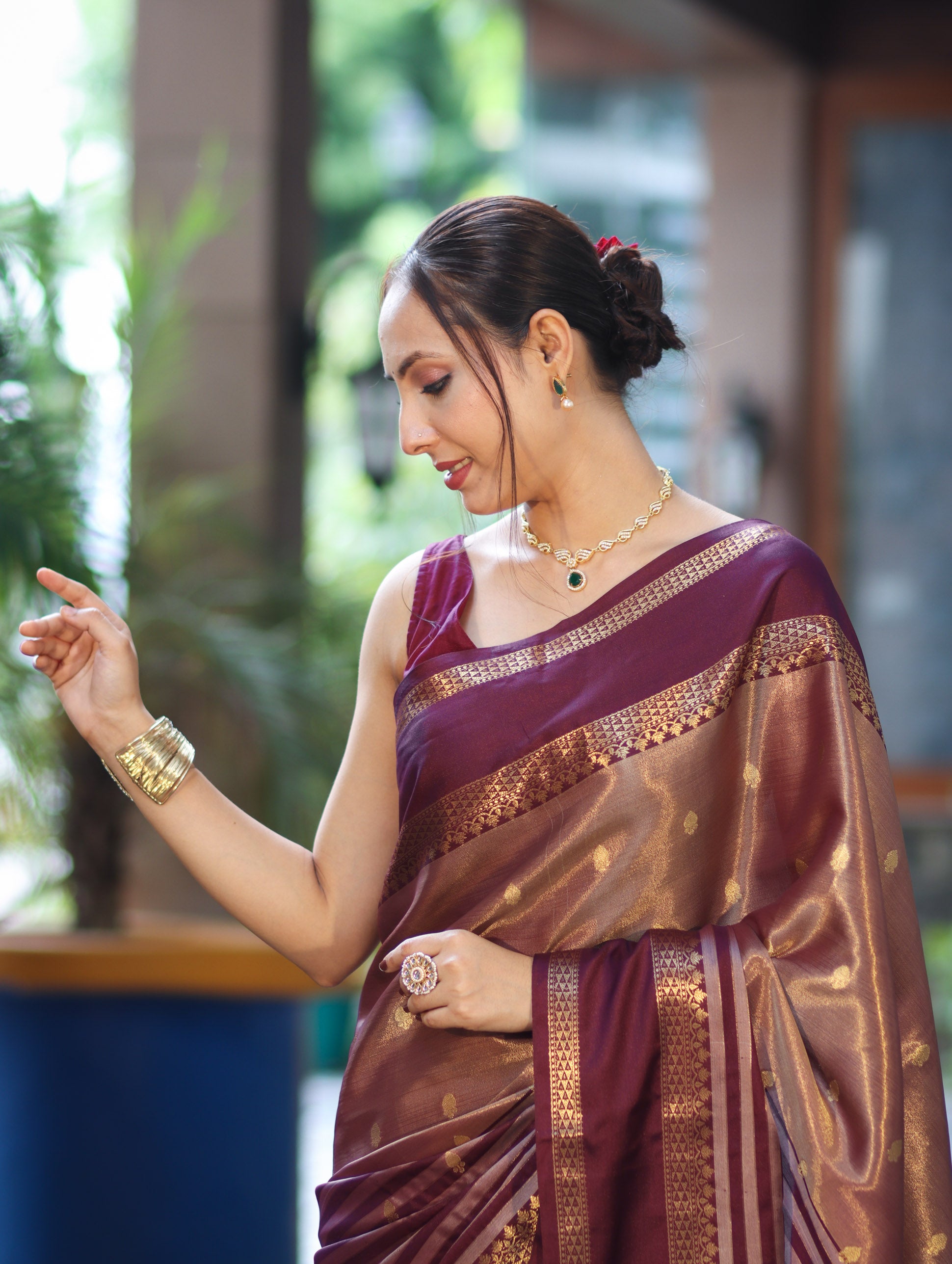 Banarasee Handwoven Semi Silk Saree With Zari Buti Design & Stripe Pattern-Burgundy