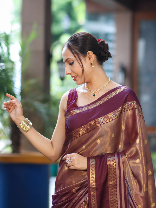 Banarasee Handwoven Semi Silk Saree With Zari Buti Design & Stripe Pattern-Burgundy