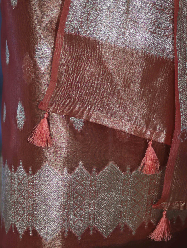Banarasee Tissue Zari Work Salwar Kameez Fabric With Dupatta Set-Peach