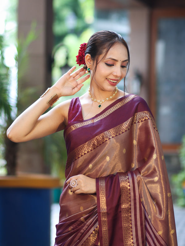 Banarasee Handwoven Semi Silk Saree With Zari Buti Design & Stripe Pattern-Burgundy