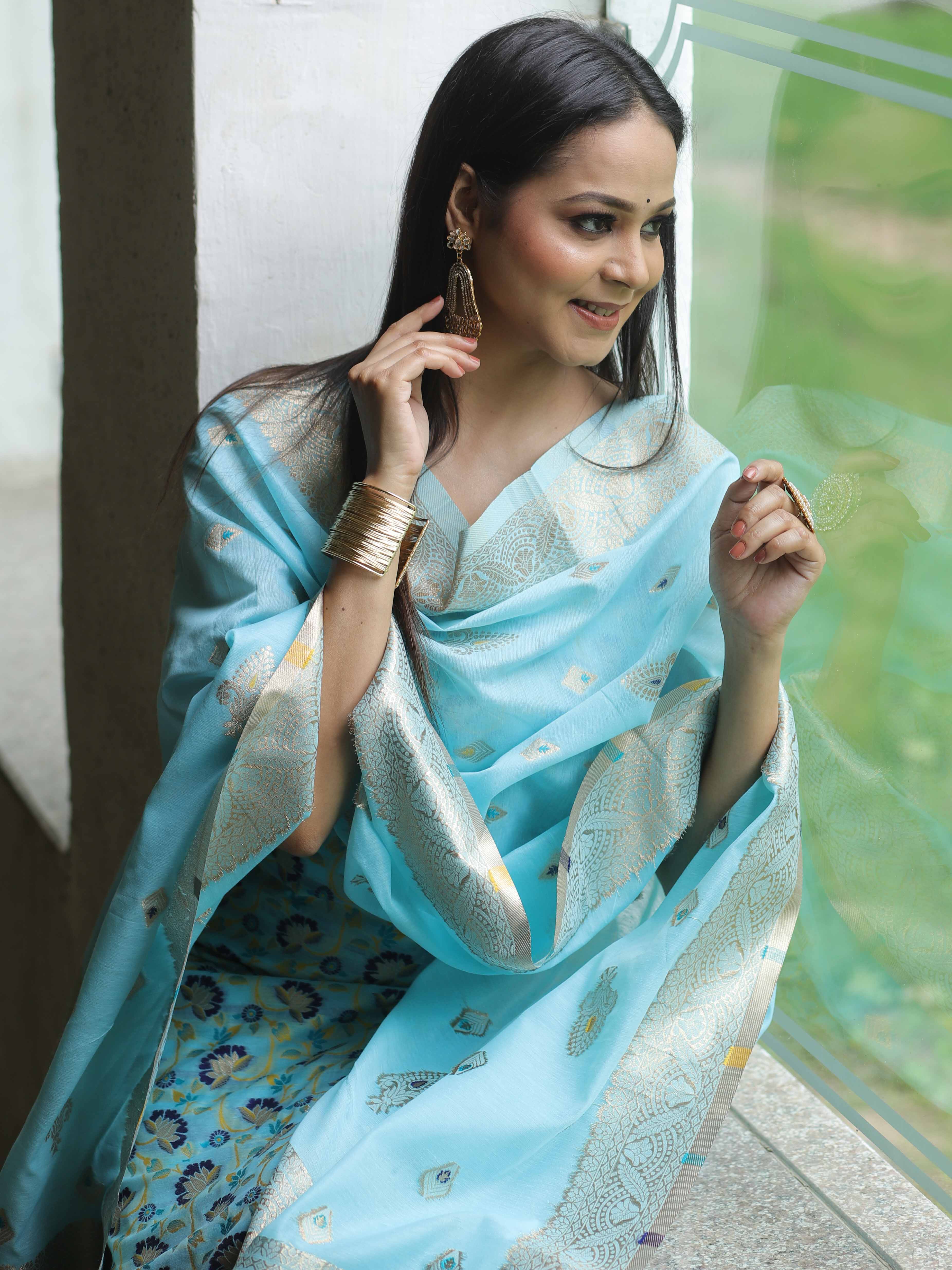 Banarasee Handloom Chanderi Salwar Kameez Fabric With Meena & Zari Design-Light Blue