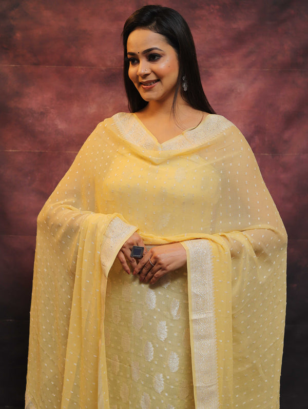Banarasee Handloom Pure Chiffon Silk Kameez Fabric With Silver Zari Buta Dupatta-Yellow