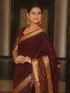 Banarasee Handwoven Semi Silk Plain Saree With Zari Border-Brown